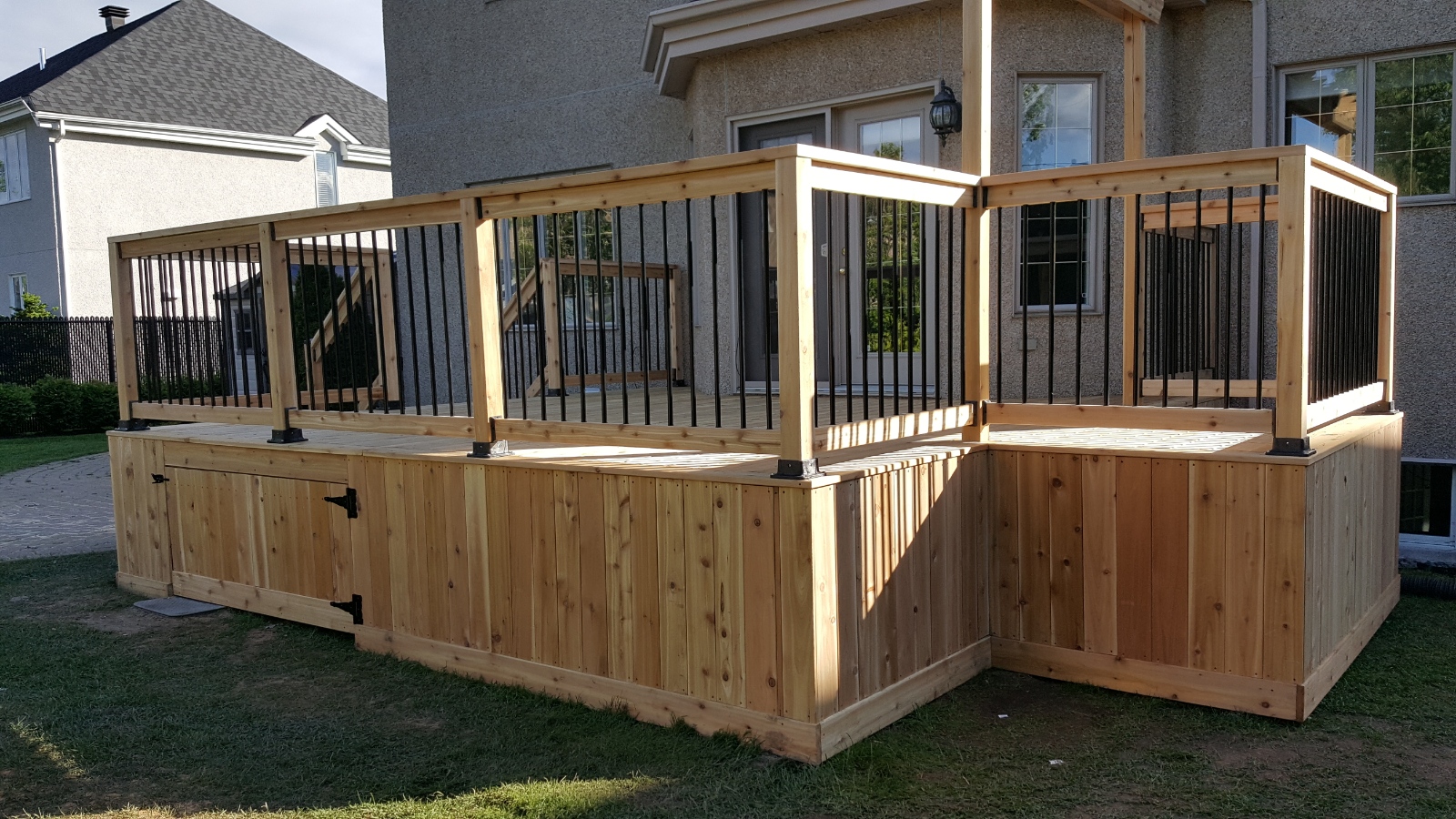 Custom-built wooden deck with railing