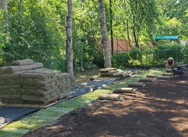 Fresh sod being laid on a graded lawn in Dorval